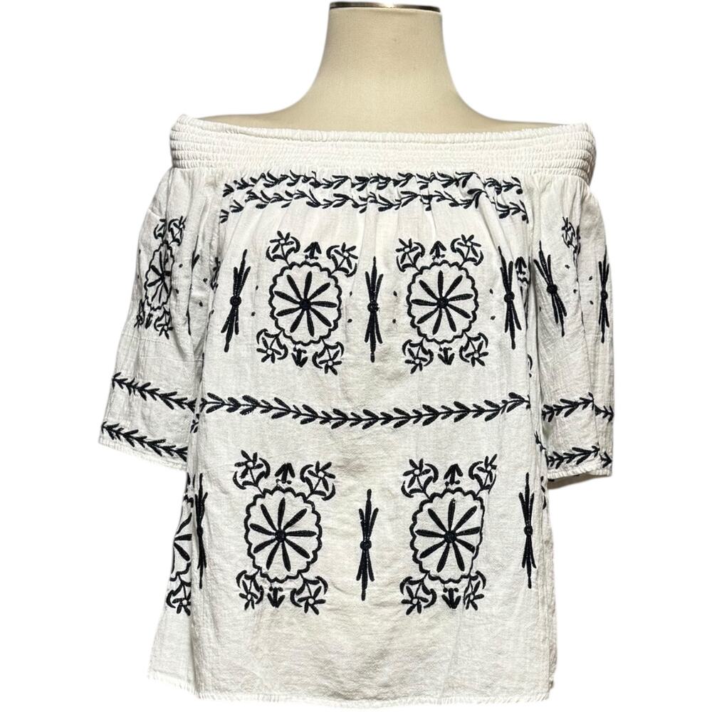 Crown & Ivy 100% Cotton Off the Shoulder Embroidered Blouse Top White Blue Large